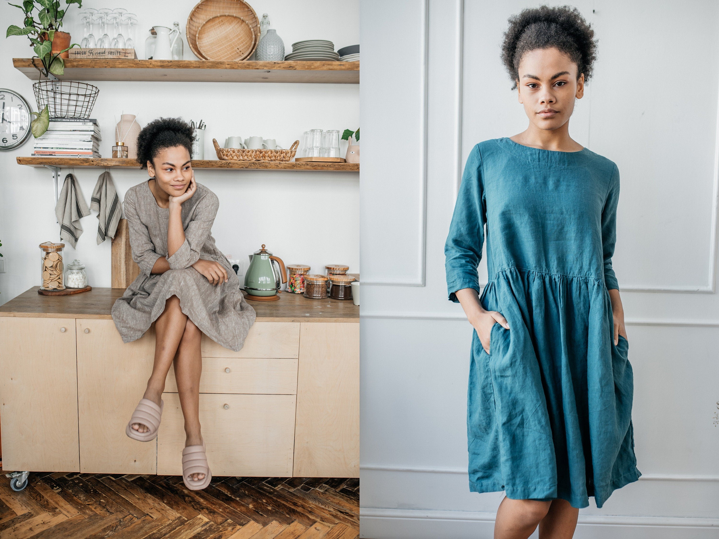 Loose Fit Linen Midi Dress with Pockets